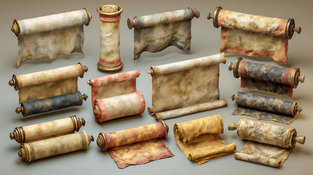 Collection of twelve aged parchment scrolls with decorative wooden dowels