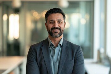 Fototapeta premium Professional executive portrait of a smiling leader in a contemporary workplace