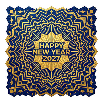 Happy New Year 2027 gold and blue mandala greeting card isolated on transparent background
