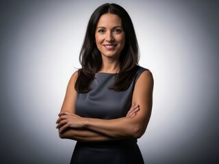 Obraz premium Confident businesswoman with arms crossed wearing gray sleeveless dress on gradient background