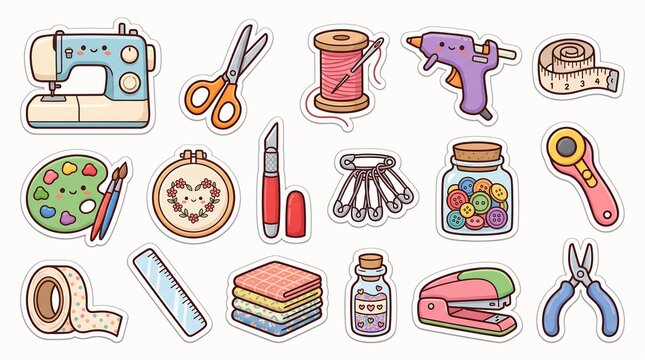 Collection of sewing and crafting tools depicted as colorful vector illustrations on a white background