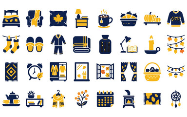 Fototapeta premium Cozy autumn interior design elements icon set collection featuring comfortable home decor and seasonal fall lifestyle items
