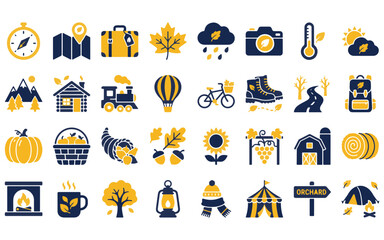 Fototapeta premium A comprehensive autumn travel and harvest themed icon set collection featuring seasonal nature and outdoor adventure elements