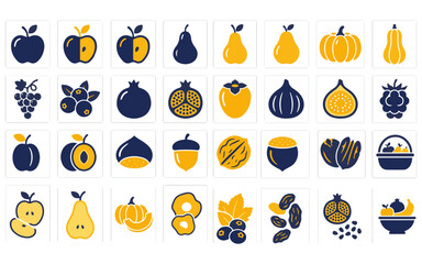 Fototapeta premium A comprehensive flat design fruit and nut icon set collection featuring various healthy food items for digital projects