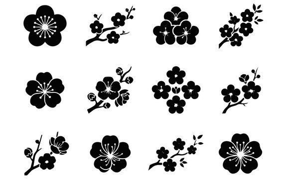 Set of black plum blossom icons for traditional chinese art and china national day celebration design projects