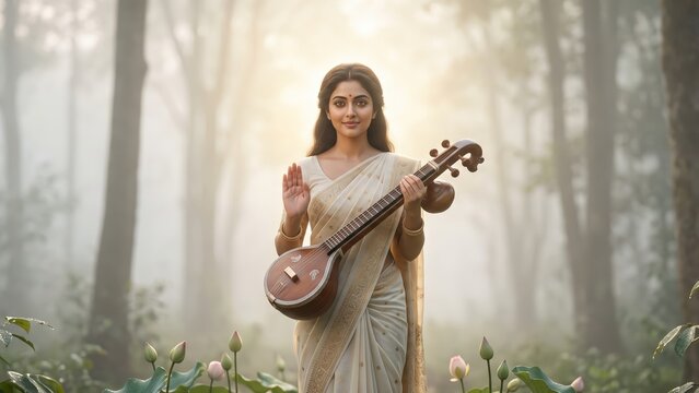 Maa Saraswati Misty Forest Dawn &ndash; Serene Blessing Scene