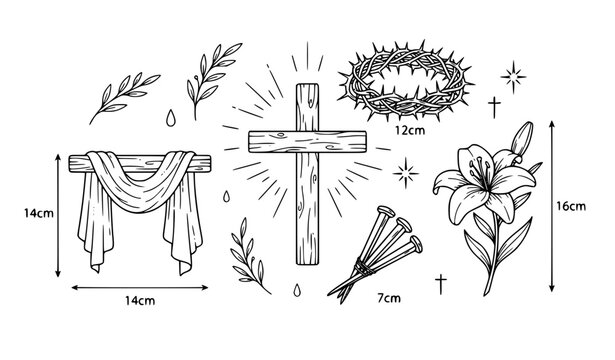 Good Friday and Resurrection vector set, line art wooden cross, crown of thorns, crucifixion nails, olive leaves, and Easter lily isolated on white background