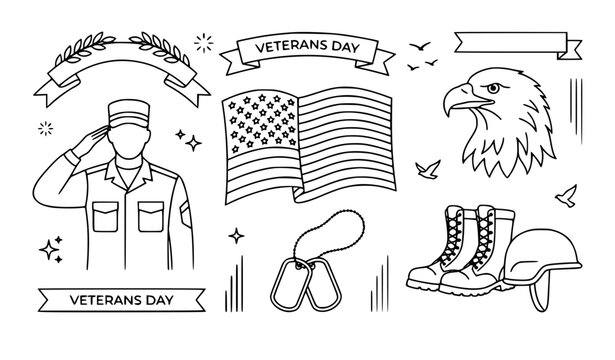 American patriotic military vector set, line art saluting serviceman, USA flag, bald eagle, dog tags, combat boots, and Veterans Day ribbon isolated on white background