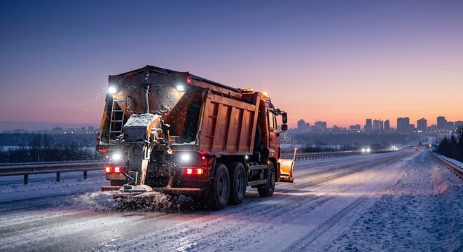 An orange snowplow truck spreading salt and de-icing chemicals on a snowy highway during a beautiful winter sunrise. Winter road maintenance, transportation, and safety concept.