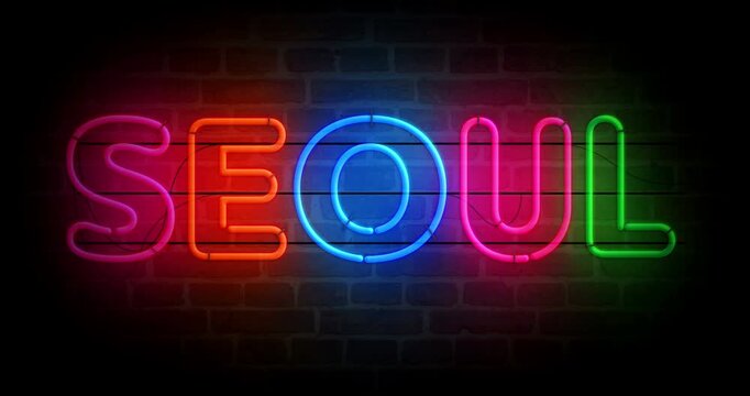 Seoul South Korea neon symbol on brick wall. romantic city club light color bulbs. Loopable and seamless abstract concept animation.
