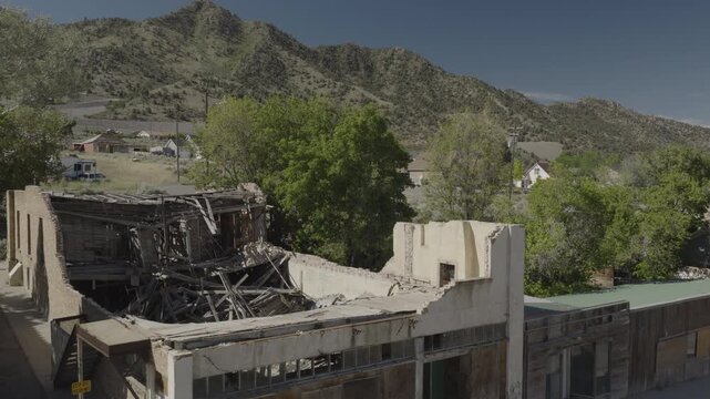 An aerial shot an old collapsed building, Eureka, Utah, USA