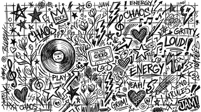 Black and white hand drawn music themed doodle pattern with vinyl records cassette tapes and abstract graffiti style elements
