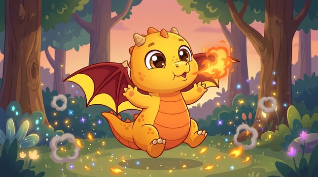 Cute baby dragon breathing fire in magical forest, adorable yellow dragon character, whimsical fantasy creature illustration