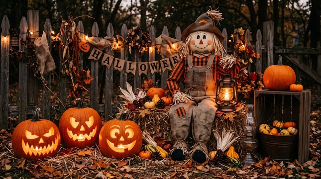 Rustic Halloween scarecrow display with glowing jack-o-lanterns, autumn harvest pumpkins on farm fence, spooky seasonal garden decor