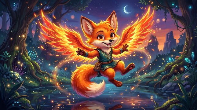 Mythical winged fox character in enchanted forest. Magical fire fox with glowing wings. Fantasy creature illustration for children's books.
