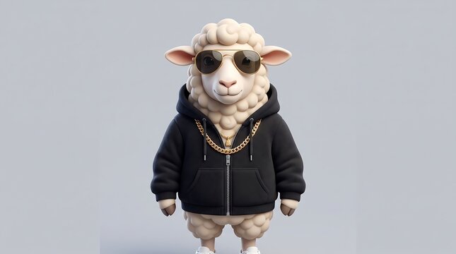 Cool sheep character wearing black hoodie and sunglasses, hip hop style lamb with gold chain, urban animal portrait on grey background