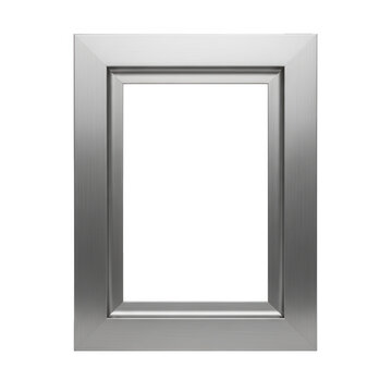 Empty vertical metal picture frame with a modern silver border isolated on transparent background