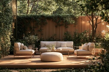 Fototapeta premium Cozy garden lounge with wicker seating, pouf, and lush greenery on a warm afternoon