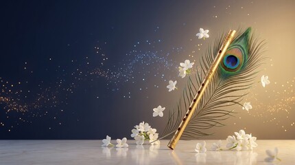 Naklejka premium Golden Indian Flute with Peacock Feather and White Flowers