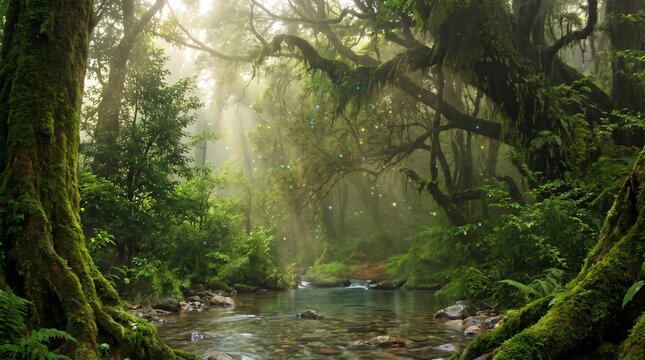 Enchanted rainforest scene featuring a calm river flowing gently through mossy ancient trees with magical glowing lights floating in the misty air during a bright sunny morning captured with intricate