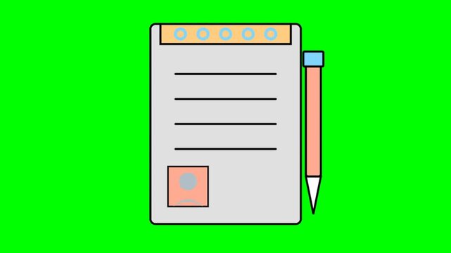 Animated notepad with pen and profile picture icon on green screen background, concept of application form or resume document video