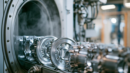 Fototapeta premium Wide poster-style stock photo of freshly washed metal parts moving on a conveyor into a drying chamber, warm air shimmer visible around the chamber opening, the parts and chamber e