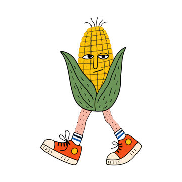 Funny corn character PNG on transparent background, walking in sneakers