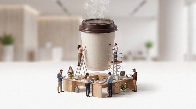 Surreal giant coffee cup floating above miniature office desk with tiny workers