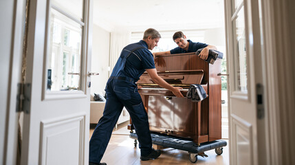 Fototapeta premium Poster-style stock photo of two delivery workers in matching company uniforms carefully guiding an upright piano on a padded dolly through wide open double front doors, one worker