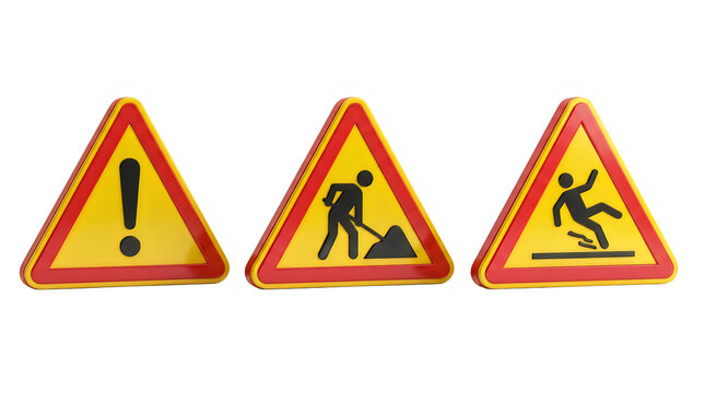 Three warning road sign icons in a row cutout letter