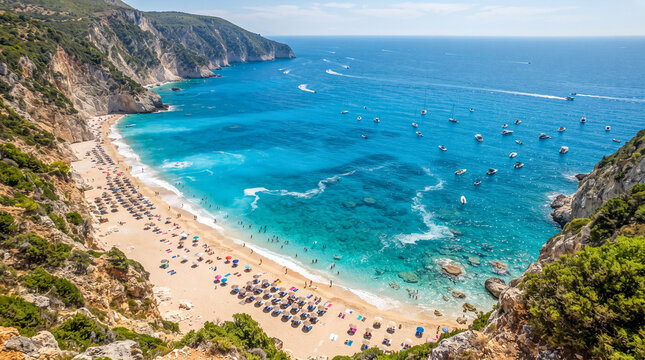 Vista a&eacute;rea de una playa mediterr&aacute;nea en verano con agua turquesa, arena dorada, ba&ntilde;istas y sombrillas, concepto de vacaciones, turismo y para&iacute;so costero.
