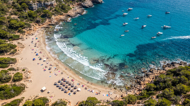 Vista a&eacute;rea de una playa mediterr&aacute;nea en verano con agua turquesa, arena dorada, ba&ntilde;istas y sombrillas, concepto de vacaciones, turismo y para&iacute;so costero.