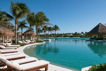 Fototapeta premium Turquoise Caribbean resort pool under palm trees with sun loungers and cabanas in Cancun