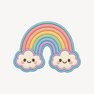 A high-quality transparent of a cute pastel rainbow featuring two smiling cartoon clouds, designed in a textured embroidery patch style.
