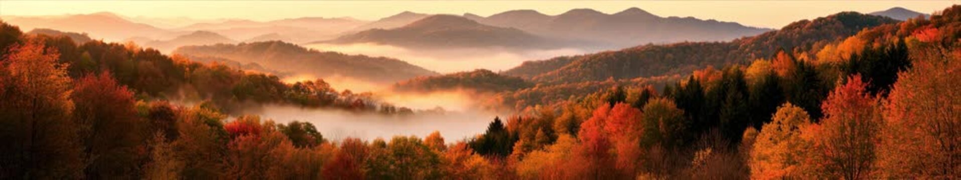 Autumn Forest Valley in Golden Morning Fog, Panoramic Looped Animation Across Layered Mountain Ridges