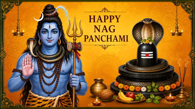 Beautiful blue mahadev standing with trident beside shiv lingam wrapped by huge cobra snake alongside traditional fruit offerings for nag panchami festival