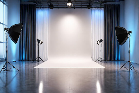 A brightly lit, empty stage with curtains and professional lighting equipment set up in a studio space.