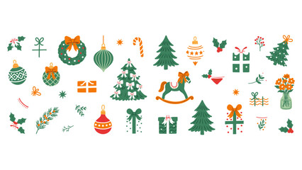 Naklejka premium Set of hand-drawn christmas with pine trees, ornaments, gift boxes, and festive foliage on a white background