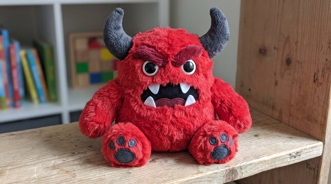 Red plush monster toy with horns, fluffy stuffed creature on wooden shelf, cute devil character for nursery decor and children play