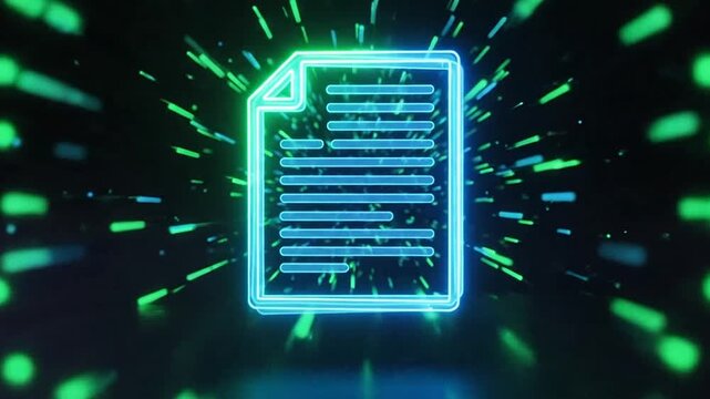 Glowing neon document icon on dark digital background.