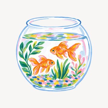 A charming watercolor illustration of two orange goldfish swimming in a round glass fishbowl with colorful pebbles and green aquatic plants, isolated on transparent background.