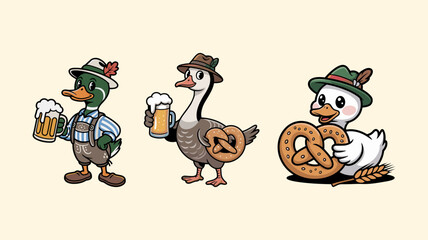 Naklejka premium Cute cartoon duck characters wearing traditional bavarian outfits, holding beer mugs and pretzels, oktoberfest celebration set