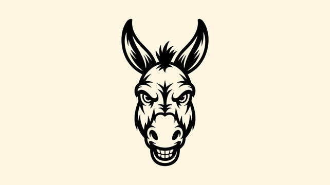 Black and white of an angry donkey head mascot, isolated on a light cream background, detailed mule animal