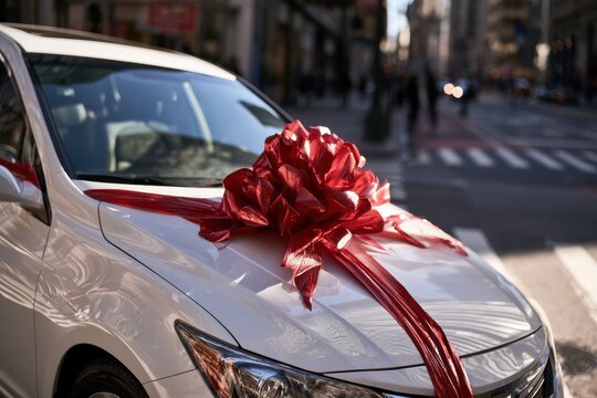 White sedan on a city street with a large red bow, a gift car moment