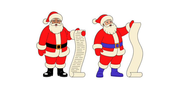  Christmas cartoon Santa Claus characters collection set holding long wish lists paper scrolls on white background