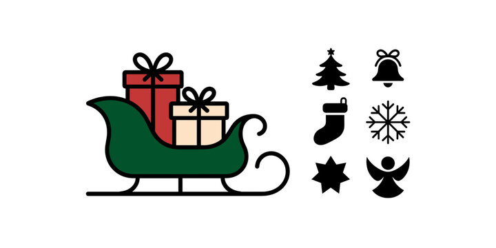 : Christmas green sleigh carrying gift boxes vector illustration with flat black solid festive winter holiday design icons