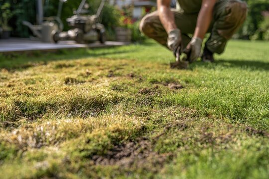 Patchy lawn showing disease and pest damage in need of maintenance