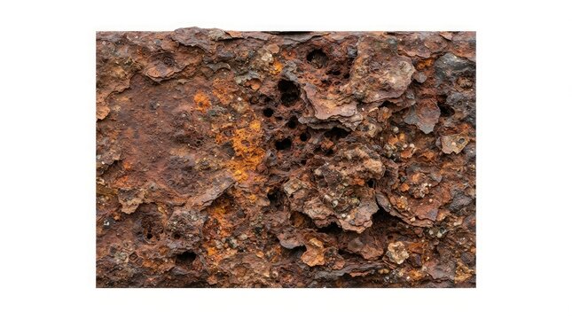 Closeup texture of heavily rusted metal surface with deep pitting and corrosion