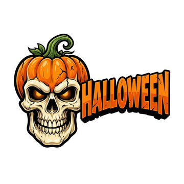 Pixel art halloween text logo with a spooky orange pumpkin head and scary skull in retro game style