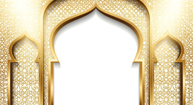 Golden islamic archway with ornate details and a white background for eid celebrations